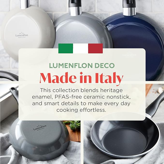 Deco 8” Nonstick Frying Pan Skillet, Made in Italy, Diamond Ceramic PFAS-Free, Dishwasher & Metal Utensil Safe, Durable Gloss Enamel Finish, Stay-Cool Handle, High Walls-Extra Room, Gray