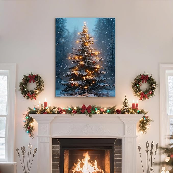 Framed Christmas Pictures Wall Decor,Vintage Pine Tree Prints,Winter Christmas Canvas Wall Art Decoration for Bedroom Bathroom Living Room Rustic Xmas Holiday Gifts (Christmas Tree 3, 16'' X 24'')