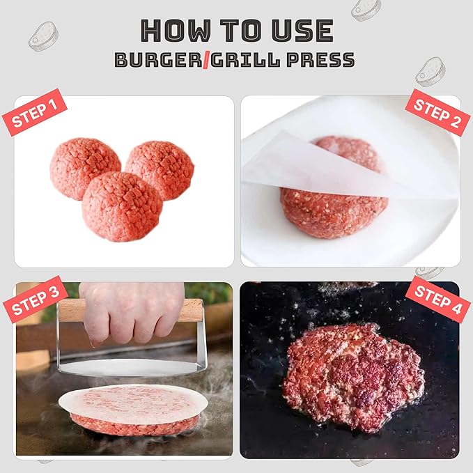 Stainless Steel Smash Burger Press Kit, Hamburger, Bacon, Steak, and Meat Smasher Tool for Blackstone, Grill and Griddle, Flat Top Patty Maker with Patty Papers