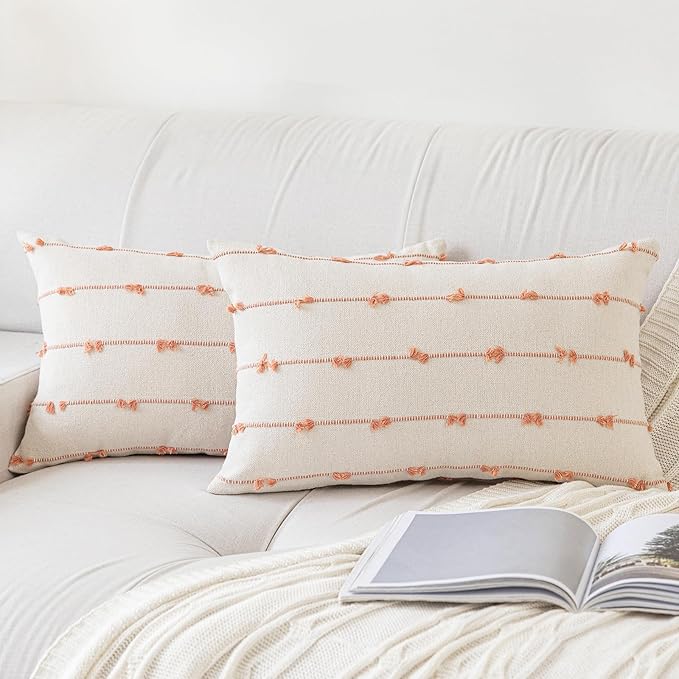 Boho Throw Pillow Covers 12x20 Set of 2 Modern Farmhouse Decorative Cushion Case Tufted Linen Square Pillows Cover Neutral Pillow Cases Accent Pillowcase for Sofa,Couch,Bed,Beige and Pink