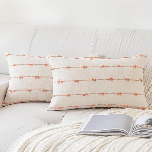 Boho Throw Pillow Covers 12x20 Set of 2 Modern Farmhouse Decorative Cushion Case Tufted Linen Square Pillows Cover Neutral Pillow Cases Accent Pillowcase for Sofa,Couch,Bed,Beige and Pink