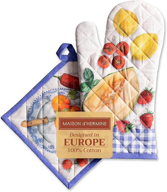 Maison d' Hermine 100% Cotton Oven Mitt & Pot Holder Set (7.5"x13" & 8"x8") Heat Resistant BBQ Cooking Gloves with Loop, Baking, Grilling, Kitchen, Handling Hot Pans Spring/Summer (Gourmand)