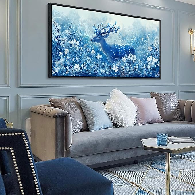 JEAWA Framed Canvas Wall Art - Extra Larte Spring Landscape Flower Wall Painting with Reindeer in Forest 24x48 IN Wildlife Deer Picture Wall Decor for Living Room Bedroom Kitchen Office Bathroom