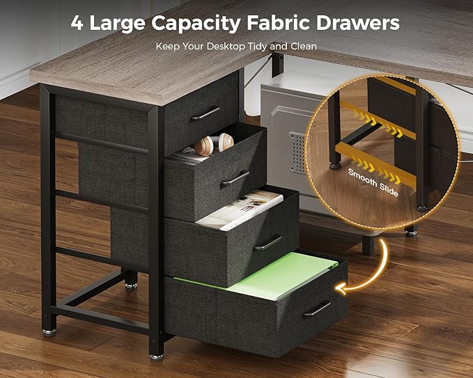 AODK L Shaped Desk with 4 Tier Drawers, 61" Reversible Gaming Desk with Power Outlets, L Shaped Computer Desk with USB Charging Port and Host Stand, Home Office Corner Desk, Easy to Assemble, Grey Oak