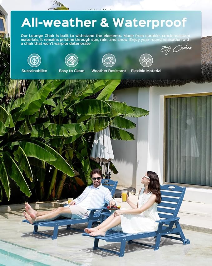 Outdoor Chaise Lounge Chair Set of 2, Patio Lounge Chairs for Outside, HDPE Lounge Chair with Wheels & Cup Holder, Poly Chair with 5 Position for Poolside, Deck, Navy Blue