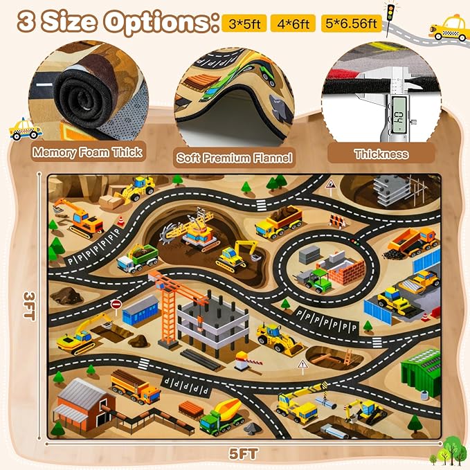 Kids 3x5 Ft Construction Site Car Rug - Extra Thick (0.4in),Tufted Wool & Rubber, Non-Slip, Stain & Fade Resistant, Machine Washable, Rustic Cartoon Construction Site Pattern