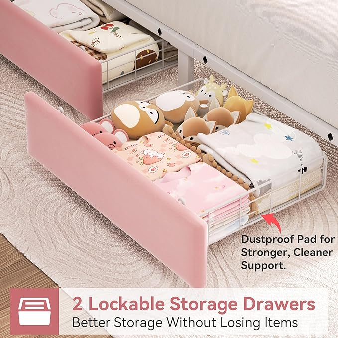 Twin Upholstered LED Bed Frame with 2 Storage Drawers and 2-Tier Storage Bookcase Headboard, Velvet Princess Platform Bed for Kids/Girls/Boys, Heavy Duty Metal Support, No Box Spring Needed, Pink