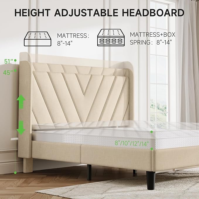 koorlian Queen Bed Frame with Headboard, Adjustable Upholstered Platform Bed Frame with Type-C&USB Ports, Wingback Storage Headboard, Solid Wood Slats Support, No Box Spring Needed, Beige