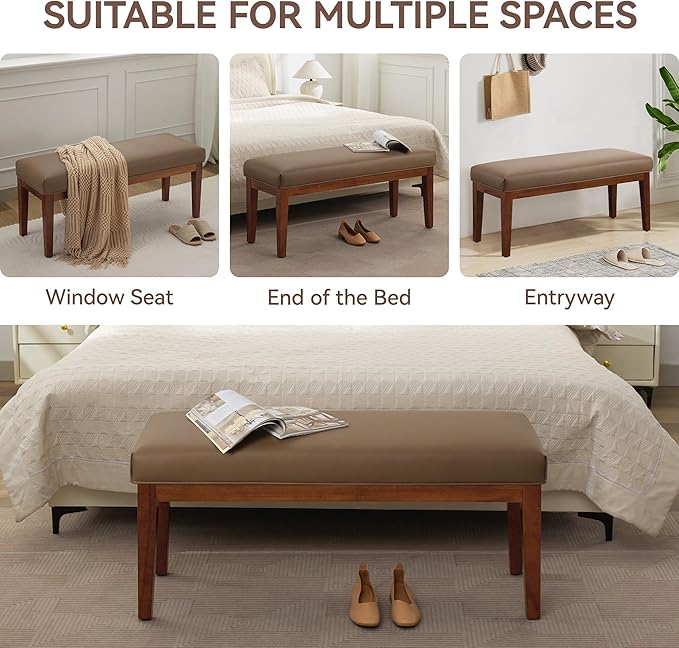 43.5'' Faux Leather Bedroom Bench, Upholstered End of Bed Bench, Padded Vintage Dining Bench, Entryway Bench with Solid Wood Legs, Kitchen, Living Room, Hallway, Brown