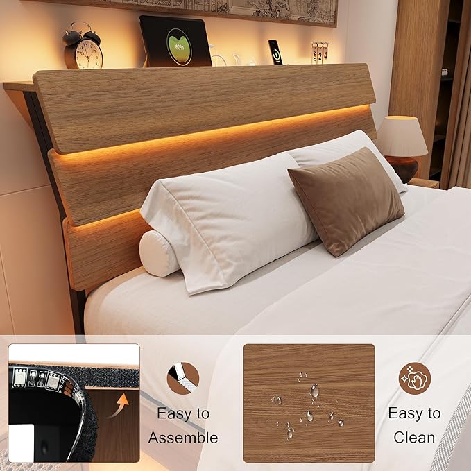King Size Bed Frame with LED Headboard, Floating Bed Frame with Charging Station USB and V-Shaped Support, No Box Spring Needed, Noise Free, Easy Assembly, Walnut
