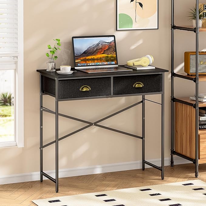 Black Writing Desk for Kids Bedroom, 31.5 Inch Small Computer Desk for Small Spaces, Simple Desk with 2 Fabric Drawers for Home Office, Dorm, Living Room, Home Study Table, Black