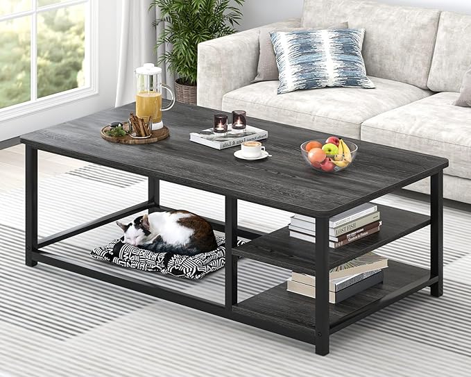 EXCEFUR Coffee Table, Rustic Wood and Metal Living Room Table with Adjustable Storage Shelf, Dark Grey, 47 Inch