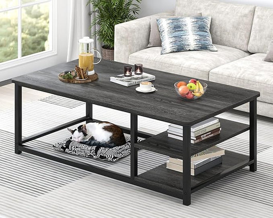 EXCEFUR Coffee Table, Rustic Wood and Metal Living Room Table with Adjustable Storage Shelf, Dark Grey, 47 Inch