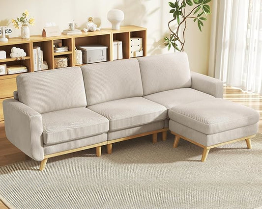 Vesgantti 97" Modular Sectional Sofa Light Gray, L-Shaped Couch with Movable Ottoman, Comfy Corduroy Couch with Spring Cushion, Modular Sofa with Deep Seat for Living Room, Bedroom and Apartment