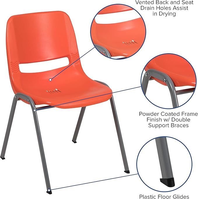 EMMA + OLIVER Orange Ergonomic Shell Student Stack Chair - Classroom Chair/Office Guest Chair