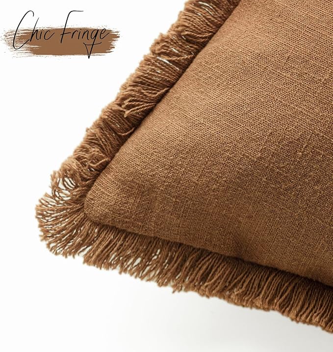 Foindtower Set of 2 Decorative Linen Fringe Lumbar Throw Pillow Covers Farmhouse Cushion Cover with Tassels Soft Accent Pillowcase for Couch Sofa Bed Living Room Home Decor,12×20 Inch,Orange Brown
