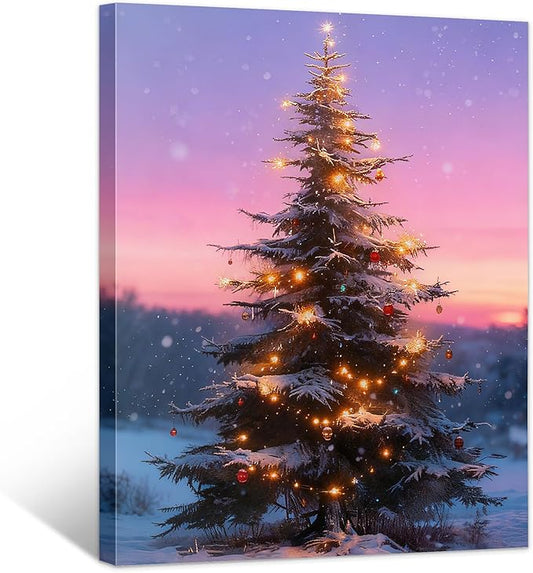 Framed Christmas Pictures Wall Decor,Vintage Pine Tree Prints,Winter Christmas Canvas Wall Art Decoration for Bedroom Bathroom Living Room Rustic Xmas Holiday Gifts (Christmas Tree 12, 12'' X 16'')