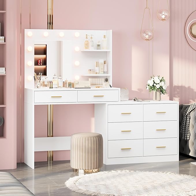 GarveeHome 61 in Make Up Vanity Desk with Mirror and Lights, White Vanity with 8 Wide Storage Drawers & 2 Tier Shelves, 3 Lighting Modes with Adjustable Brightness for Bedroom