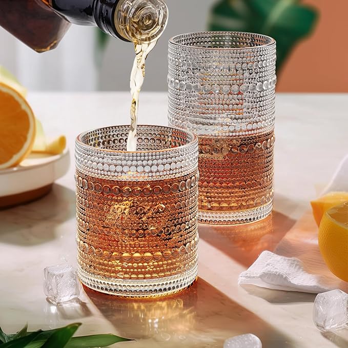 Vintage Hobnail Drinking Glasses Set of 12, 12 oz Highball Glasses & 10 oz Cocktail Glasses, Embossed Glass Cups, Clear Water Glasses Kitchen Bar Glassware Set for Beer, Juice, Cocktail, Whiskey