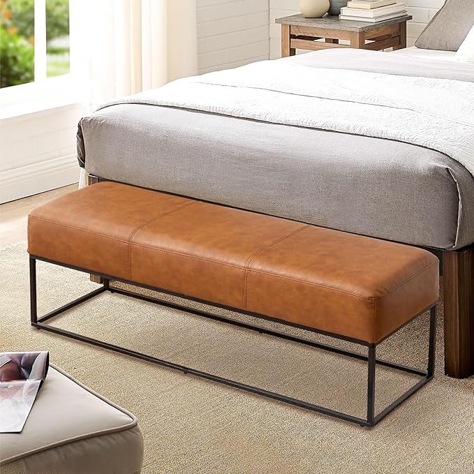 Entryway Bench for Bedroom End of Bed, Modern Ottoman with Faux Leather Upholstered Seating, Metal Frame Leather Bench for Bedroom Living Room Entryway [47'', Vintage Brown]