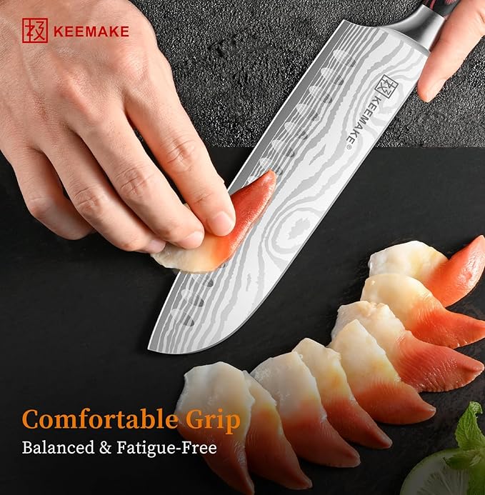 KEEMAKE 7 Inch Japanese Santoku Knife, Ultra-Sharp 1.4116 High Carbon Steel Blade with Pakkawood Handle, Professional Chef's Knife for Kitchen w/Sheath and Gift Box