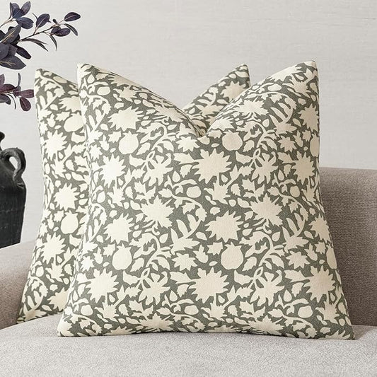 Foindtower Set of 2 Decorative Neutral Floral Throw Pillow Covers Accent Farmhouse Cushion Covers Boho Vintage Pillowcase for Couch Sofa Bedroom Living Room Home Decor Outdoor,22×22 Inch,Sage Green