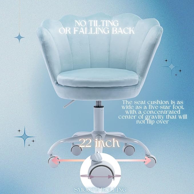 Velvet Desk Chair for Kids 8-12 Teen Room with Wheels, Upholstered Adjustable Children Computer Chair Comfy Rolling Study Armchair 360° Swivel Back and Arms for Teen Girls or Boys Bedroom, Blue