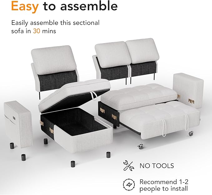 Vipbear Chenille Sleeper Sectional Sofa, 81" L Shaped Couch with Pull Out Bed, Convertible Cloud Sofa with Reclining Backrest | Reversible Storage Chaise | USB Ports | Tool-Free Assembly | Beige