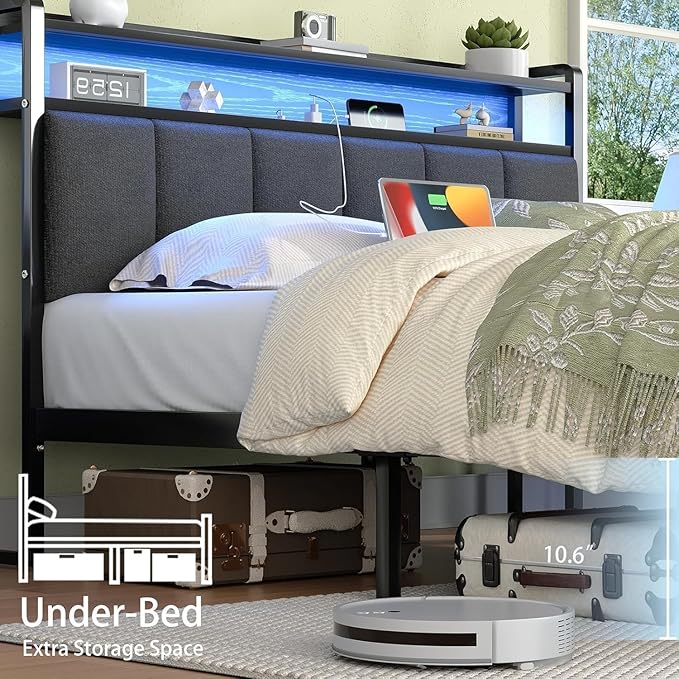 King Bed Frame with LED Lights and Charging Station, Metal Platform Bed Frame King with Upholstered Storage Headboard, Heavy Duty Metal Slats, No Box Spring Needed, Easy Assembly, Dark Grey