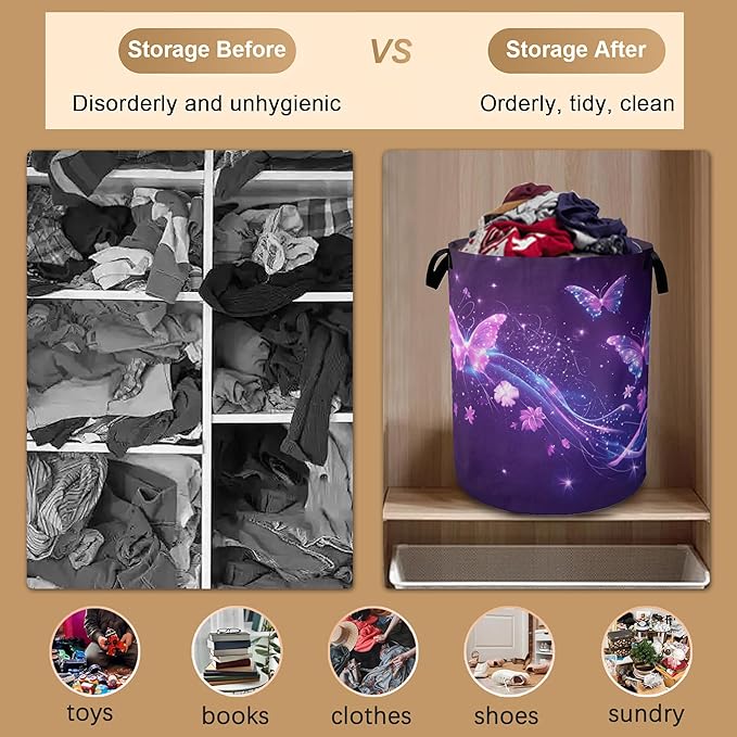 Laundry Hamper,Flying Butterflies Laundry Basket,Glowing Stars Waterproof Oxford Cloth Storage Basket with Handle for Clothes Books Nursery Home Storage Sundries 16"x20"