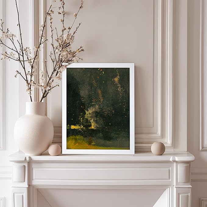 Poster Master Vintage Nocturne in Black and Gold Painting Poster - Retro The Falling Rocket Print - Abstract Art - Moody Art - Landscape Art - Office or Living Room Decor, 11x14 White Framed