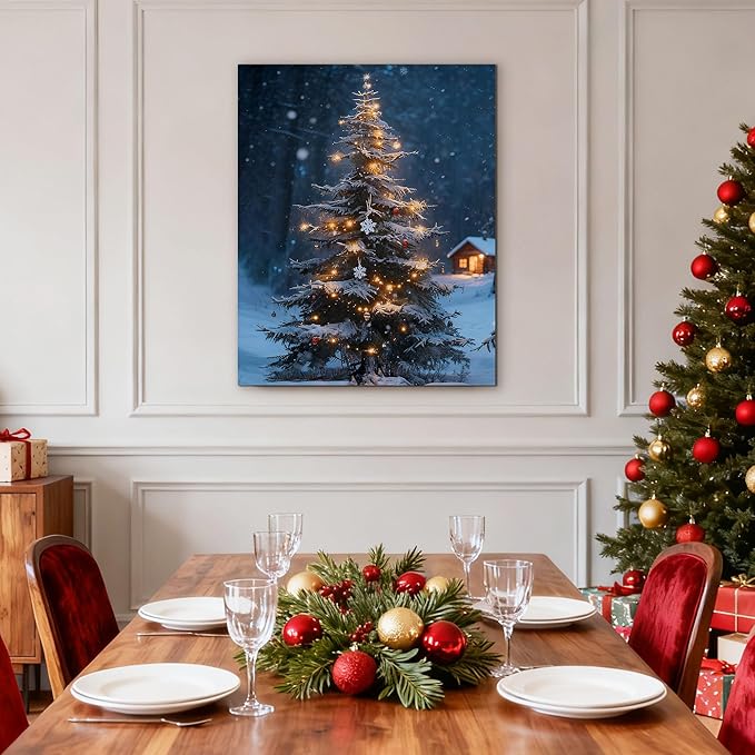 Framed Christmas Pictures Wall Decor,Vintage Pine Tree Prints,Winter Christmas Canvas Wall Art Decoration for Bedroom Bathroom Living Room Rustic Xmas Holiday Gifts (Christmas Tree 19, 11'' X 14'')