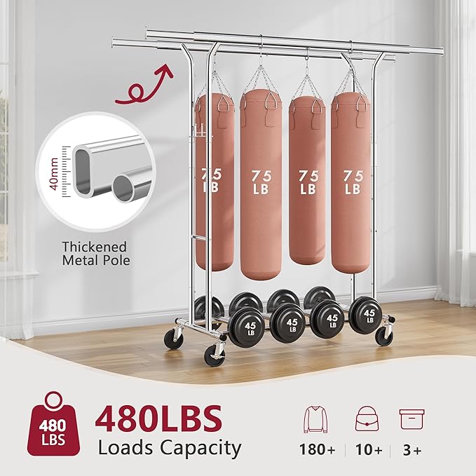 Tajsoon Double Rod Clothes Rack 480 LBS, Heavy Duty Clothing Rack with Wheels, Collapsible Clothes Rack for Hanging Clothes, Commercial Rolling Garment Rack with Shelf, Chrome