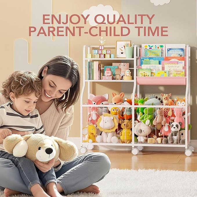 BBLIKE Stuffed Animal Storage Organizer - Rolling Kids Bookshelf and Toy Storage with 3 Tiered Book Display and Toy Chest - Rolling Furniture for Kids Room, Playroom, Bedroom, Nursery, Pink