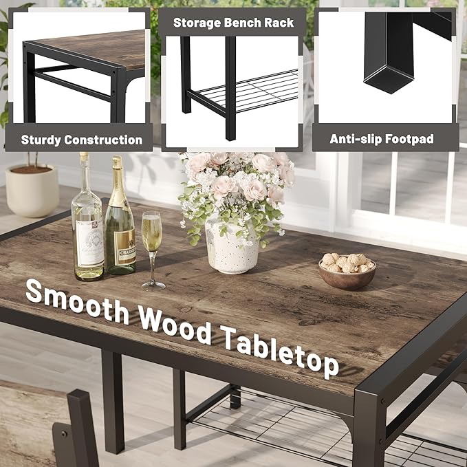 JUMMICO 43.3" Dining Table Set for 4, Kitchen Table with Bench & 2 Chairs Modern Rectangular Metal Frame Dining Furniture Set for Small Space (Rustic Brown)