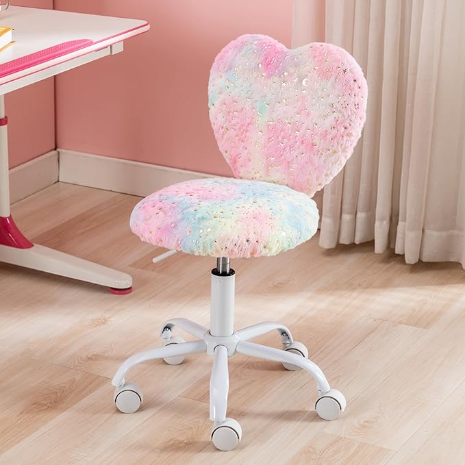 Kmax Kids Reading Chair, Rolling Cute Desk Chair for Girls Swivel Office Chair with Wheels & Heart Back Adjustable Childrens Vanity Chair for Bedroom Reading Room - Faux Fur, Colorful