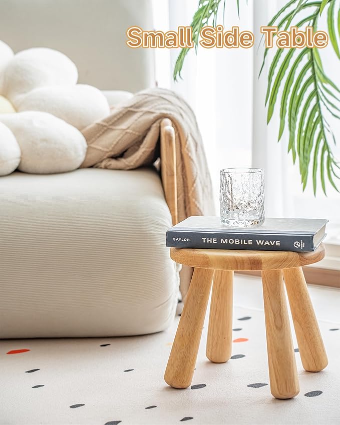 100% Solid Wood Mushroom Step Stool, Small Wooden Stool for Kids & Adults, Plant Stand & Side Table, Compact & Sturdy Footstool for Bathroom, Bedroom, Living Room, Natural (2PCS)