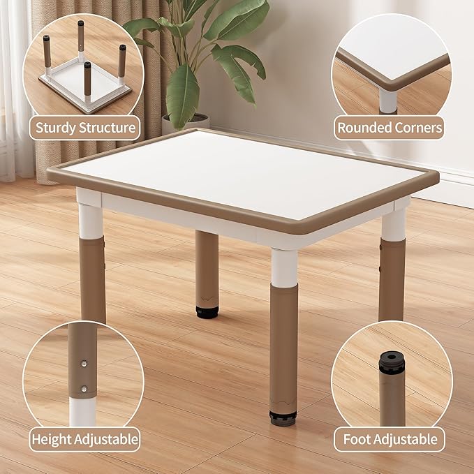 Toddler Table and 2 Chairs, Kids Table and Chair Set Height Adjustable, 31.5''L x 23.6''W Multifunctional Graffiti Desktop for Reading, Drawing, Eating, for Girls & Boys Age 2-10, Brown-02