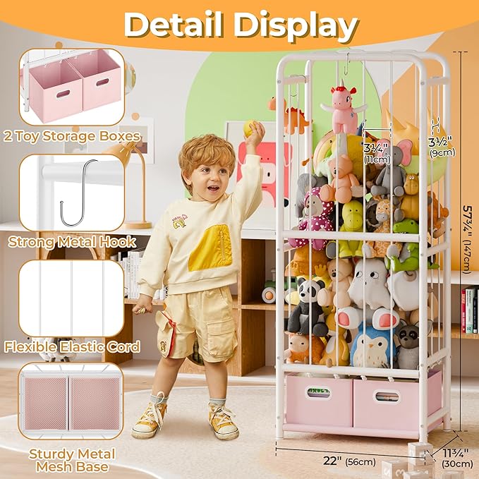 GRANNY SAYS Stuffed Animal Storage Tube with 2 Toy Bins, Plushies Storage, Toy Organizer Holder with Elastic Band and Hooks, Metal Stuff Animal Storage, Kids Toy Storage Organizer for Bedroom Playroom