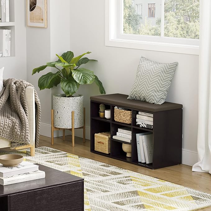 DINZI LVJ Shoe Bench, 9 Cubbies Shoe Organizer for Entryway, Storage Bench with Cushion, Cubby Shoe Rack with Adjustable Shelves for Living Room, Bedroom, Mudroom, Hallway, Espresso