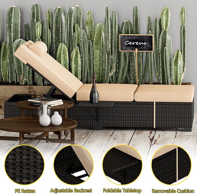 Outdoor Patio Rattan Chaise Lounge,Reclining Adjustable Pool Chaise Lounge Chair with Cushion,PE Wicker, Steel Frame, Sunbathing Chair for Beach, Yard, or Poolside, Set of 2 (Brown)