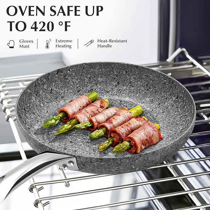 KOCH SYSTEME CS 11" Grey Non stick Granite Stone Frying Pan with Lid, Toxin-free Granite Nonstick Coating Cookware, Ultra Nonstik Skillet with Stainless Steel Handle, Oven Safe&All Stovetop Compatible