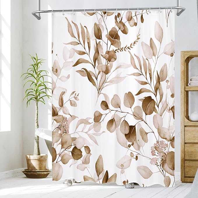 MitoVilla Brown Floral Shower Curtain, Modern Plants Botanical Fabric Cloth Shower Curtains for Rustic Vintage Bathroom Decor, Fall Watercolor Tan Eucalyptus Leaf, 72x72