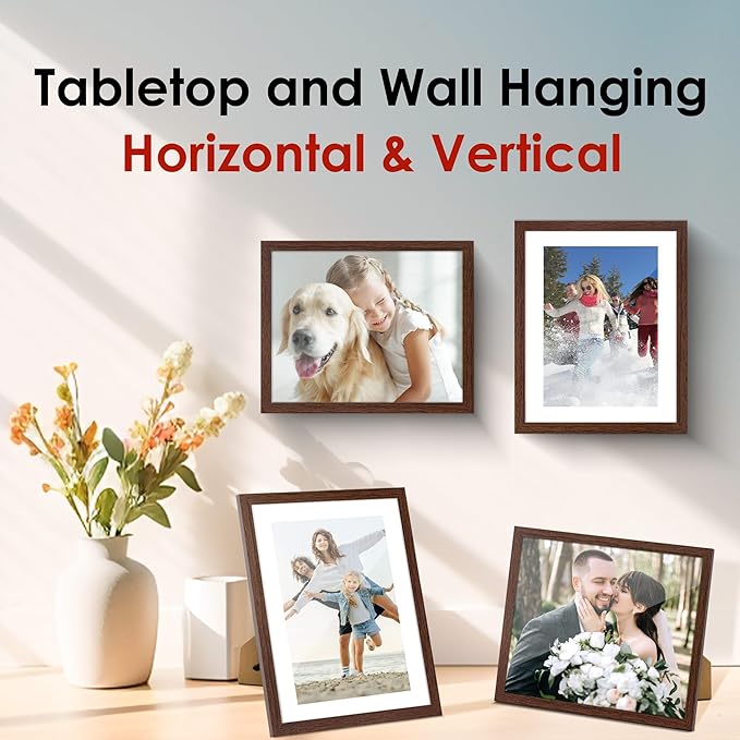 FIXSMITH 8x10 Picture Frame Bulk-6 Pack, Photo Frame with HD Plexiglass, Display Pictures 5x7 with Mat or 8x10 Without Mat, Brown Picture Frames Collage Wall Decor, Wall & Tabletop Picture Frames