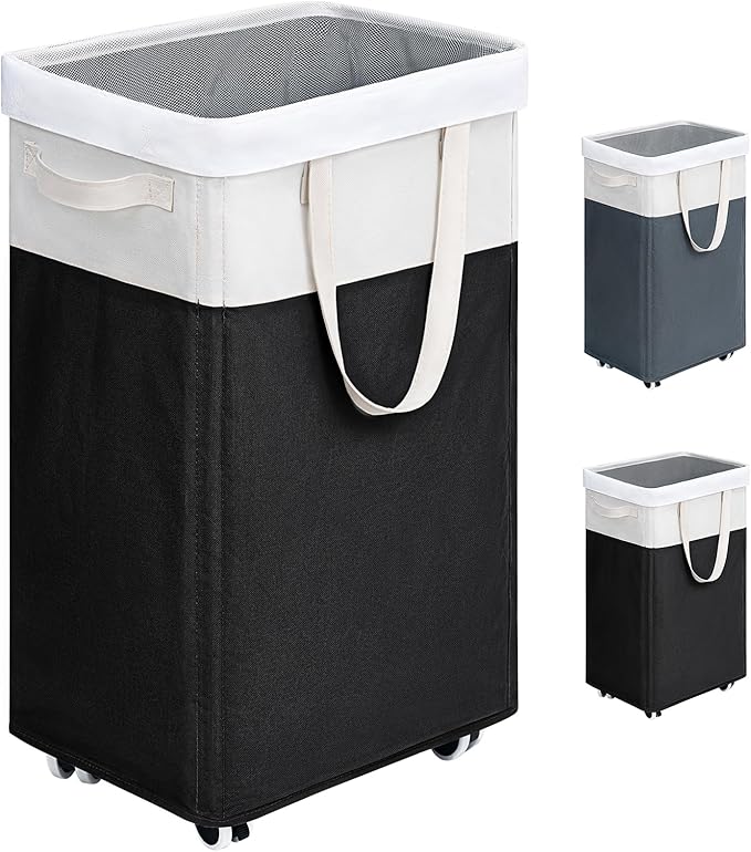 Goodpick Rolling Laundry Hamper with Wheels 75L, Black Laundry Hamper for Dirty Clothes, Collapsible Laundry Basket with Removable Wash, Black Laundry Basket with Wheels