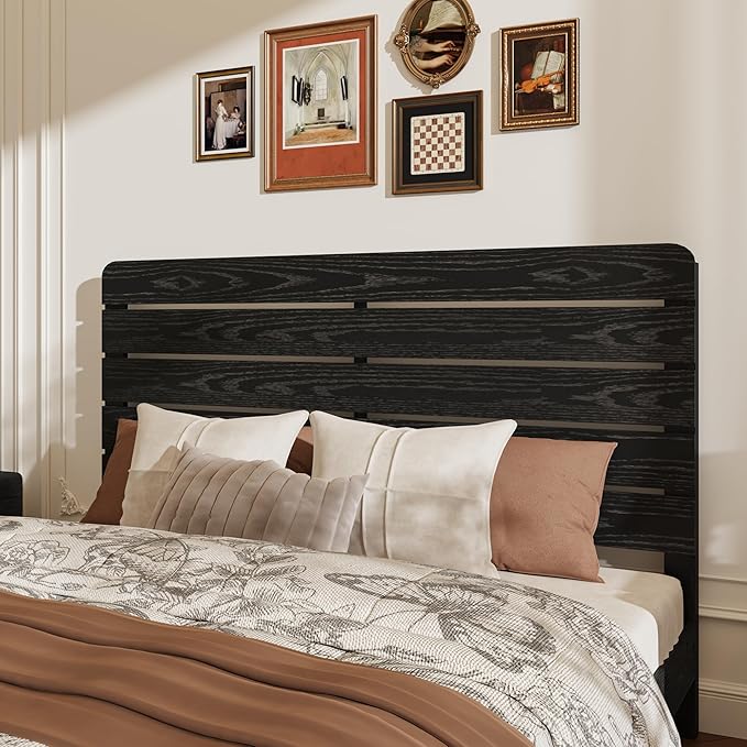 King Size Wooden Bed Frame with Headboard, Industrial Platform Bedframe with Wood Slat Support, Sturdy and No Noise, Easy Assembly (Black, King)