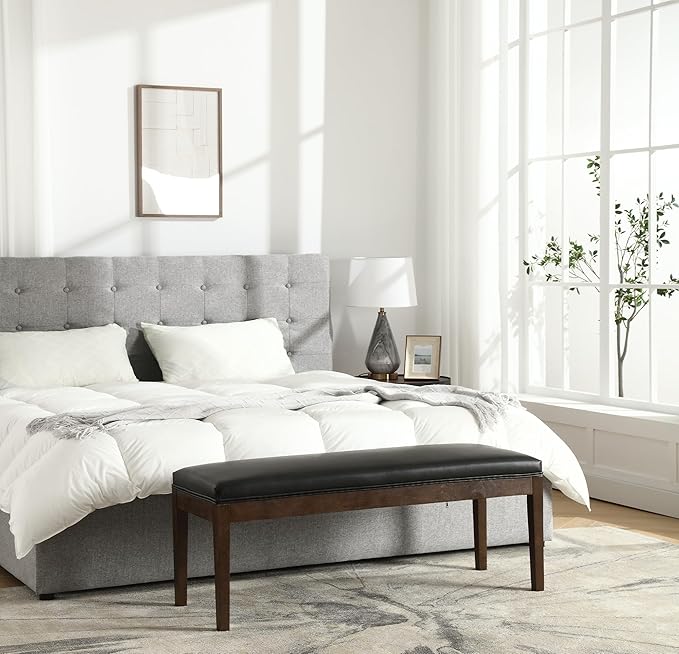 PU Leather Dining Bench Upholstered Entryway Bench Farmhouse Shoe Bench Seat Ottoman for Hallway Living Room Bedroom End of Bed Dining Room Kitchen, 45.5" Long, Black