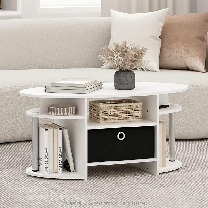 Furinno Jaya Simple Design Oval Coffee Table with Bin for Living Room, White Oak/Chrome/Black