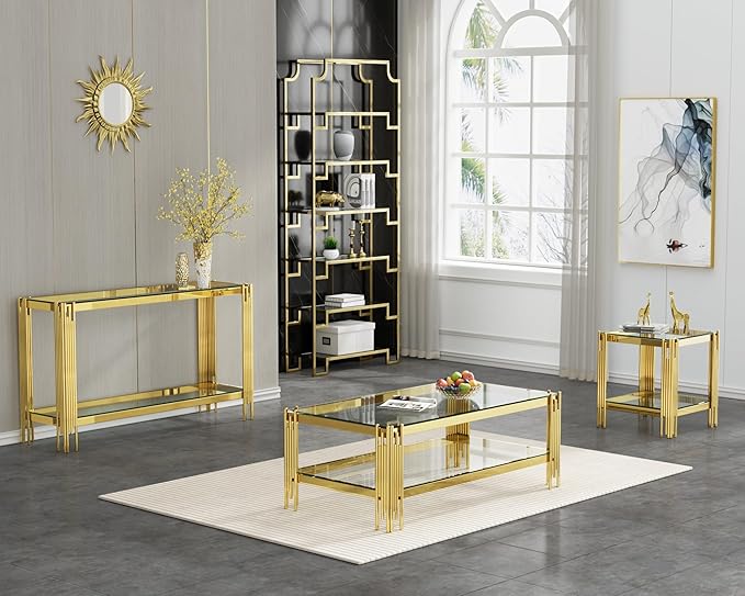 3 Pieces Glass Living Room Table Set Modern Coffee Table Console Table End Table Set with Storage 2-Tier Glass Gold Coffee Table Set w/Stainless Steel Frame for Apartment Home Office