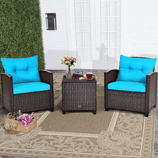RELAX4LIFE 3 Piece Patio Furniture Set, Wicker Bistro Conversation Set w/ 2 Cushioned Armchairs & Glass Topped Table, Outdoor Rattan Sofa for Porch Balcony Poolside (Turquoise)